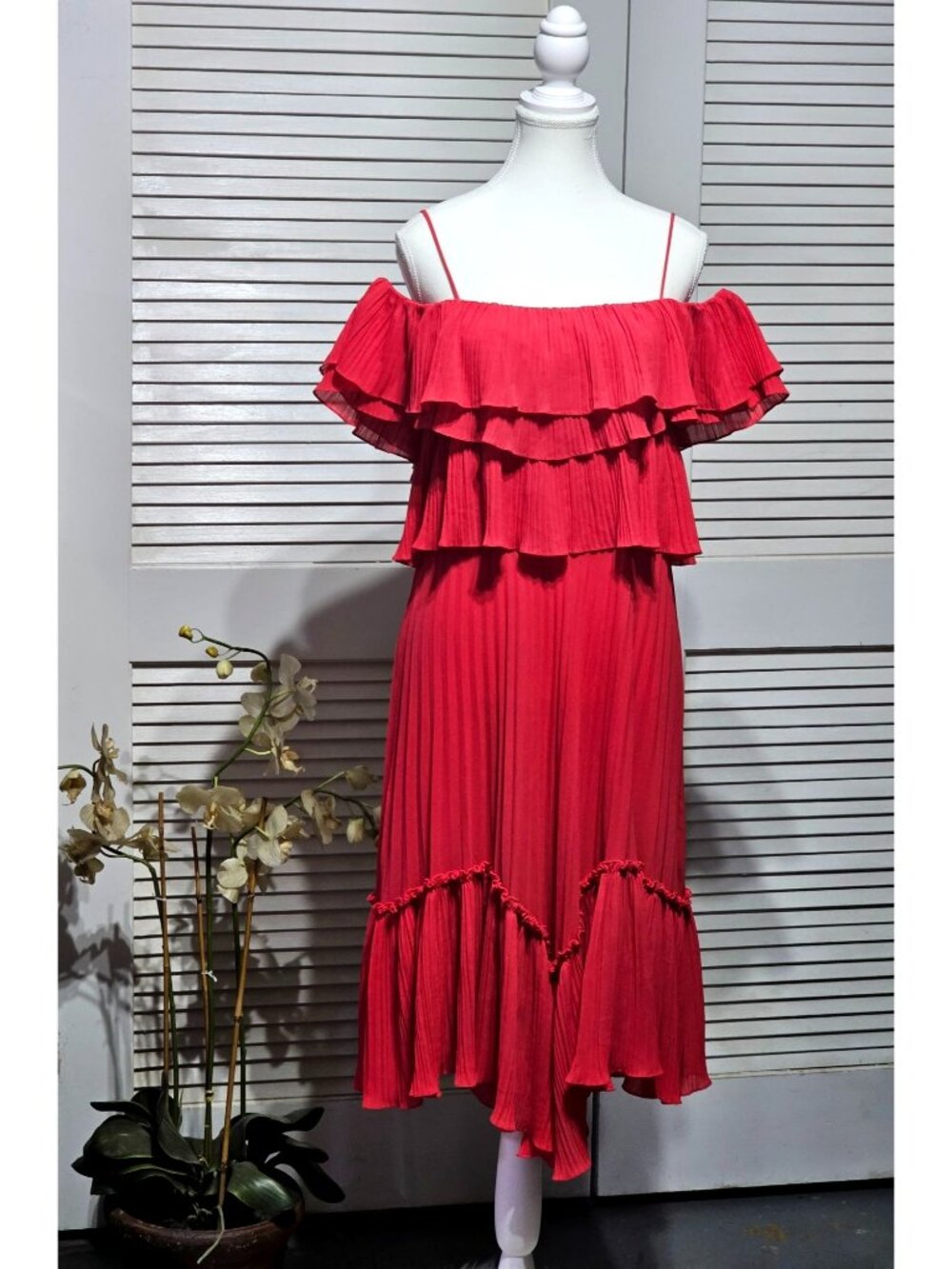Halston Heritage Womens Red Plisse Georgette Popover Ruffle Midi Dress Sz S 3678